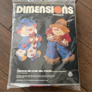 Vintage 1980 Dimensions Clown and Scarecrow Needlepoint Wall Plaques Sealed
